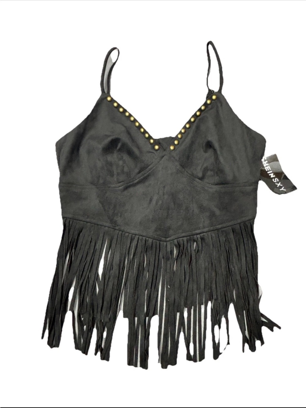 NWT SHEIN Black Fringe Cami with Gold Stud Trim
